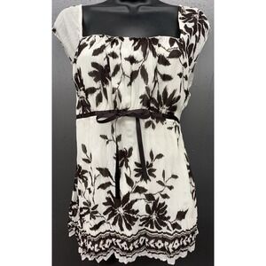 Women Top M Ivory Brown‎ Floral Cap Sleeve Bow Babydoll Feminine Y2K Boho